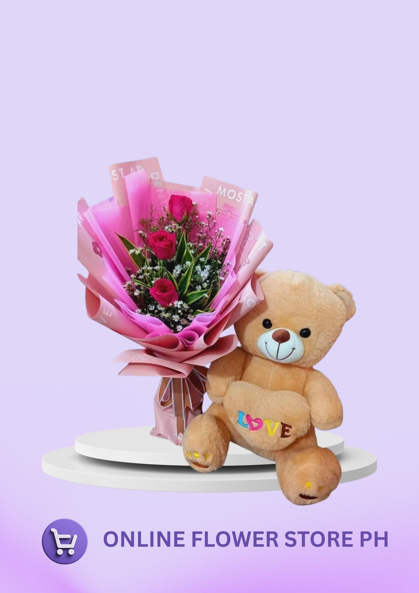 CB- 3 stem Red Roses with Bear