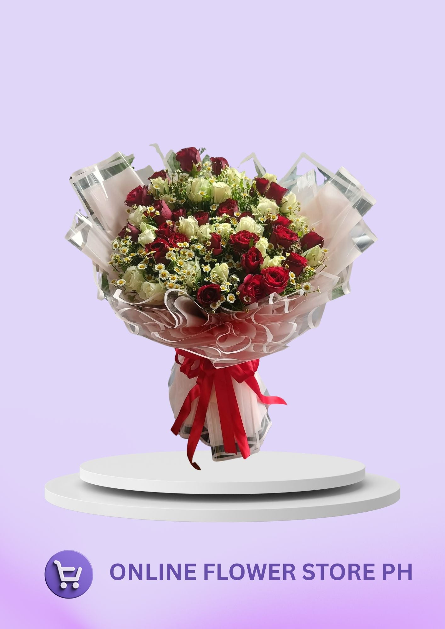Harmony Bloom – Red & White Roses with Chamomile Bouquet