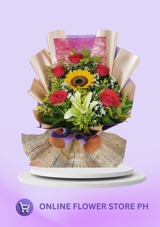 B- 5 Stem Lovely Red Roses and 1 Sunflower
