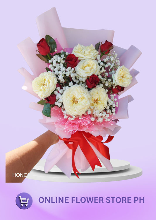 M- 1 dozen Elegant White and Red Roses
