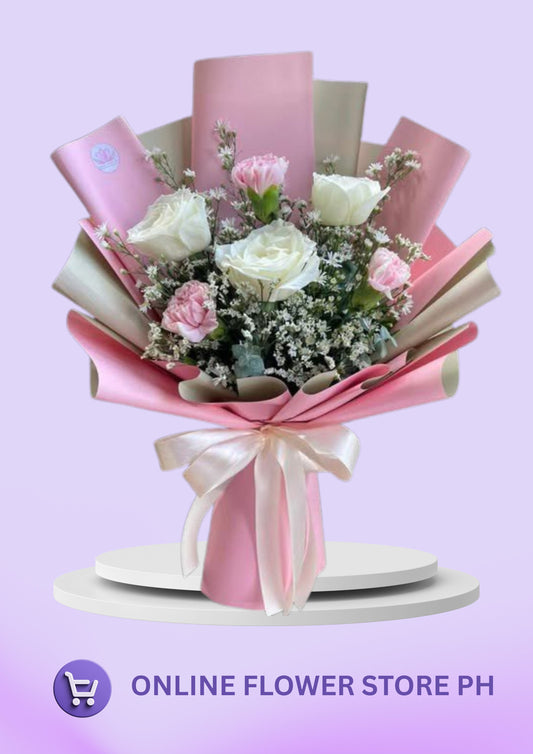 BI- “Pure Elegance: White Roses & Light Pink Carnations Bouquet”