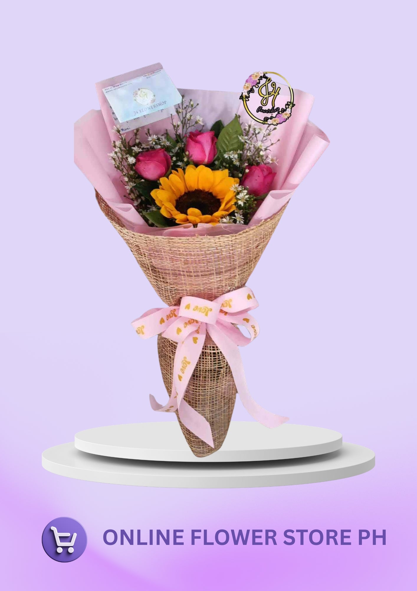 Sunny Pink Charm – 3 Pink Roses & 1 Sunflower Bouquet